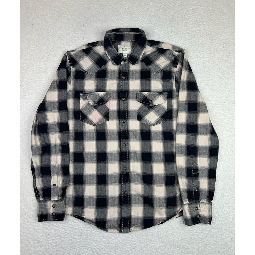 American Eagle Outfitters Shirt Mens Large Black‎ Pearl Snap Plaid Flannel LS